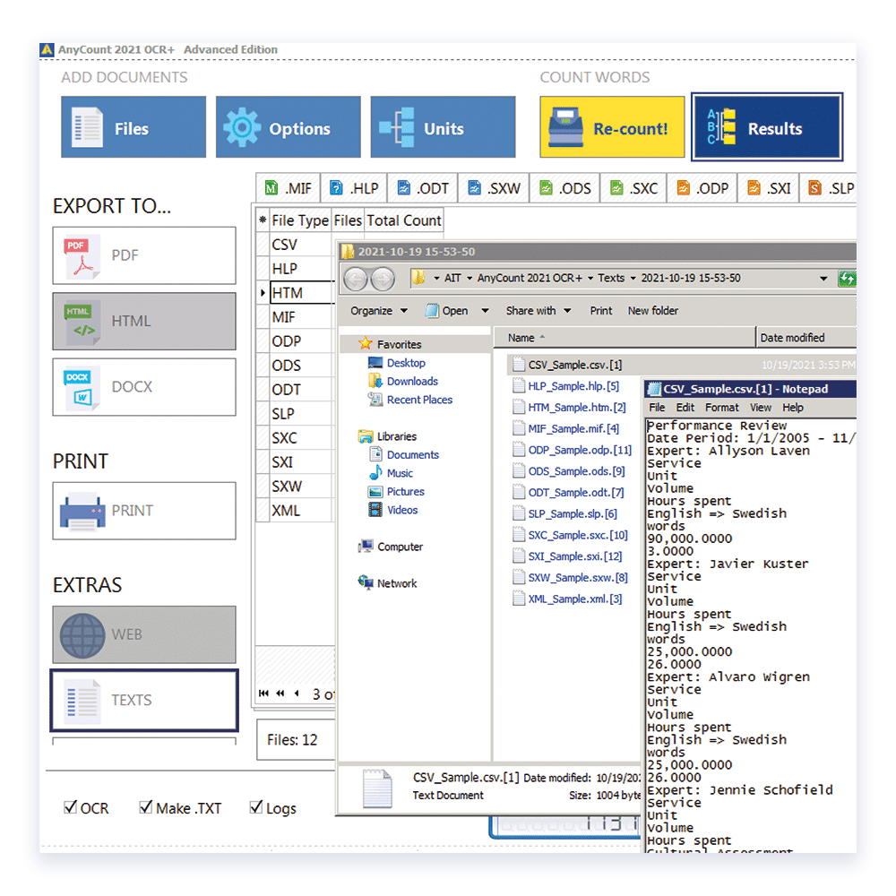 text versions of counted files