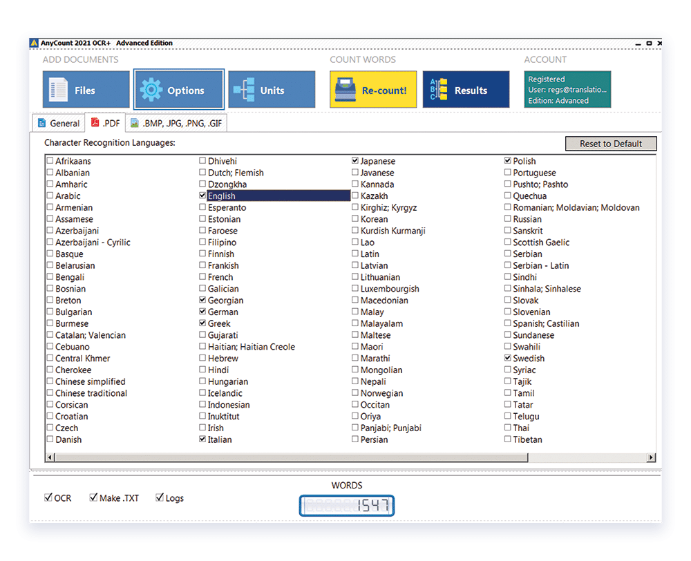 119 languages supported for Optical Character Recognition